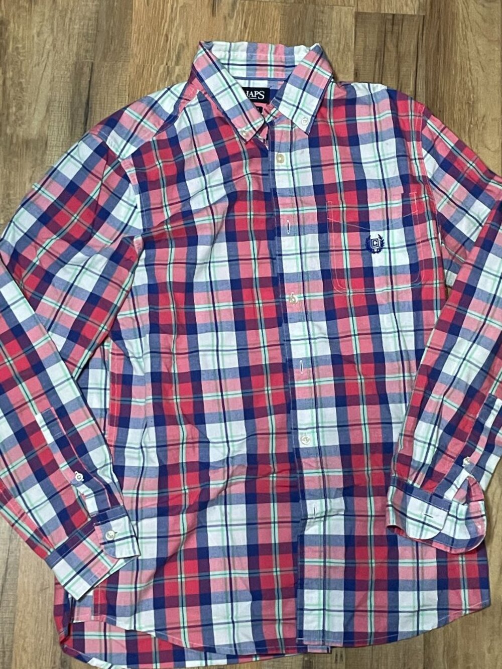 Chaps Men’s Easy Care Red Blue Check Button Down Shirt  Sz S